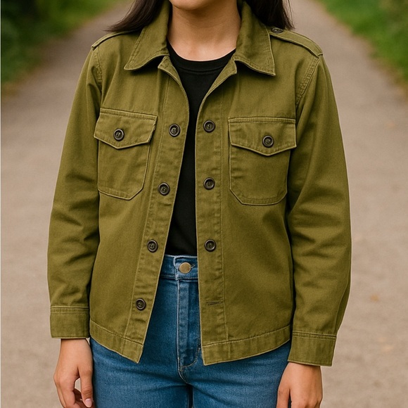 Aritzia TNA Womens S Green Cotton Utility Military Button Down Top Jacket XXS - Picture 1 of 4